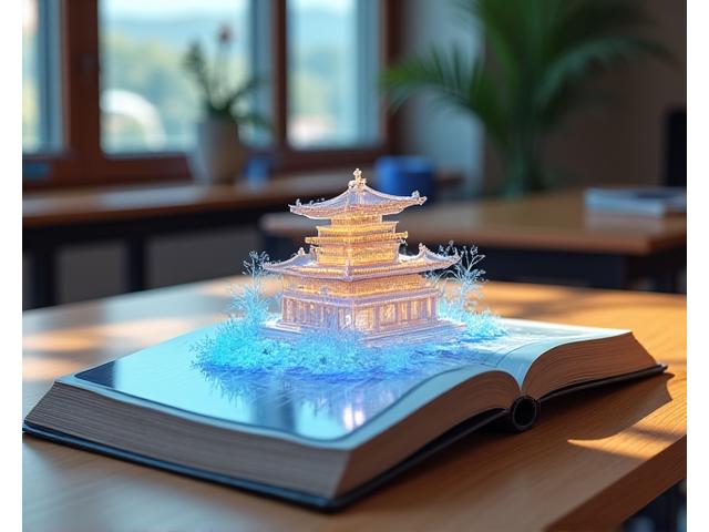 Augmented reality overlay showing ancient Korean historical figures and a palace from a textbook. 